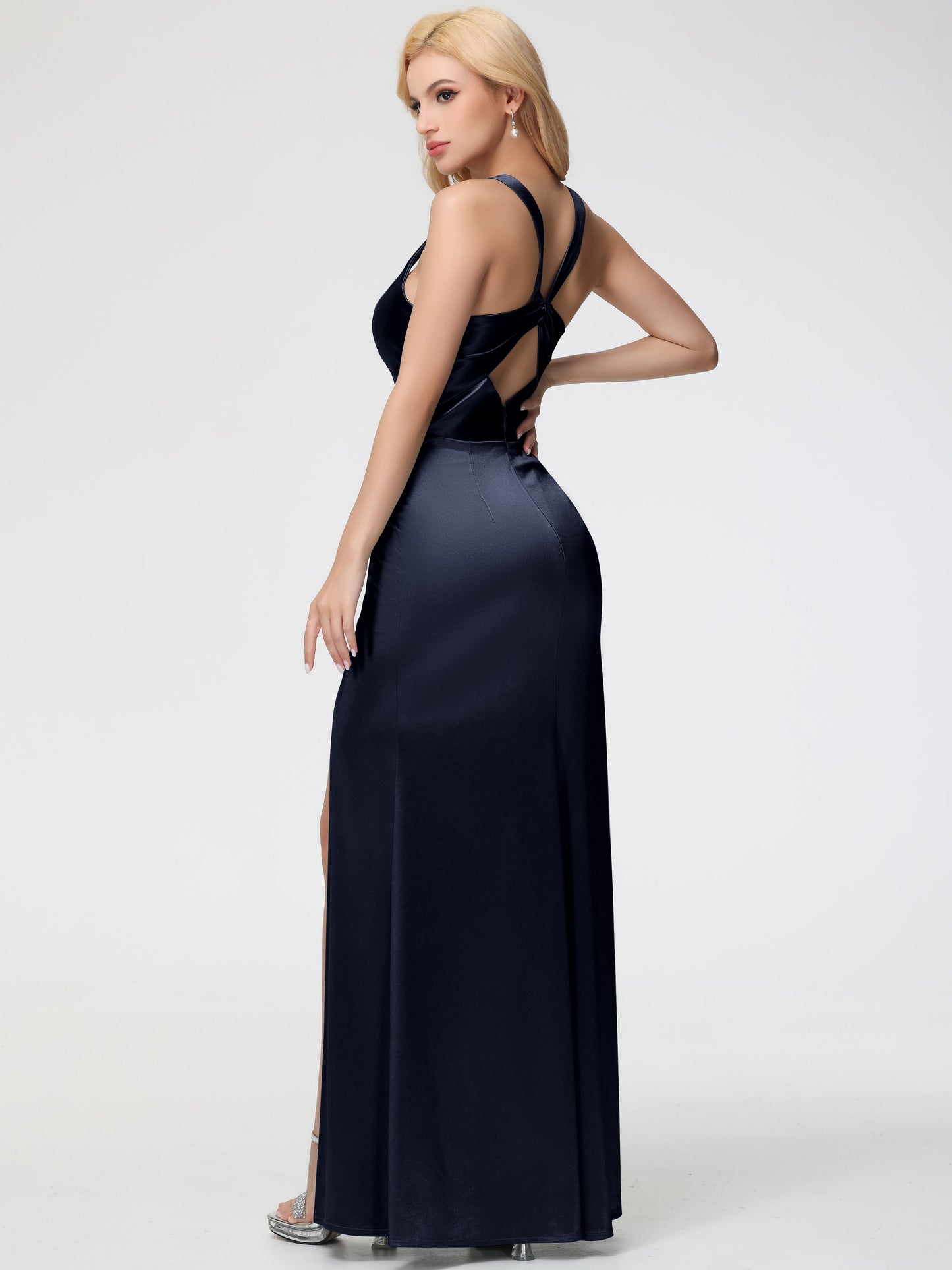 Dark Navy Bridesmaid Dresses Straps Ruched Floor Length Sheath Bridesmaid Dress With Slit