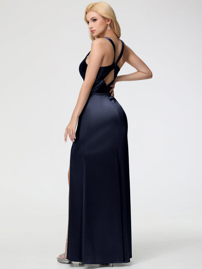 Dark Navy Bridesmaid Dresses Straps Ruched Floor Length Sheath Bridesmaid Dress With Slit