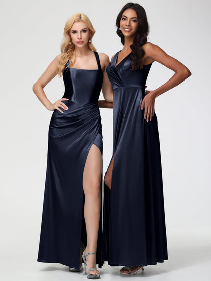 Dark Navy Bridesmaid Dresses Straps Ruched Floor Length Sheath Bridesmaid Dress With Slit