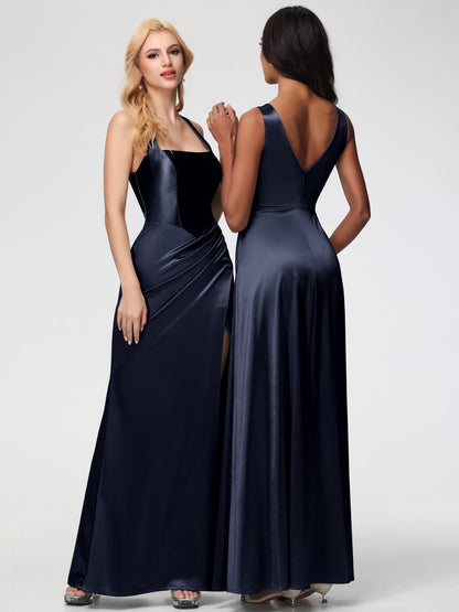 Dark Navy Bridesmaid Dresses Straps Ruched Floor Length Sheath Bridesmaid Dress With Slit