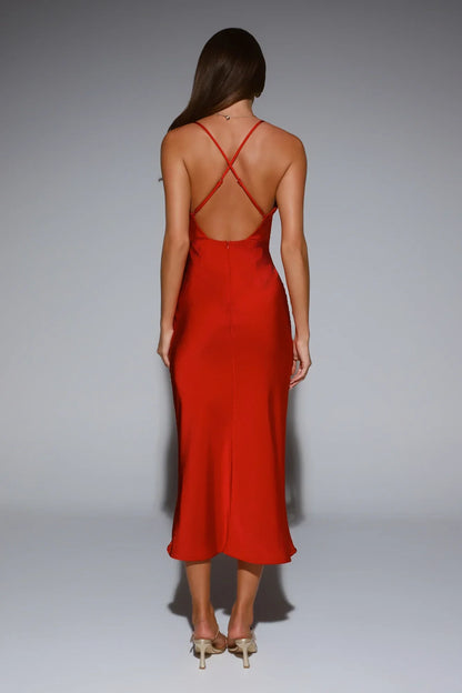 Invitation Only Satin Midi Dress Red