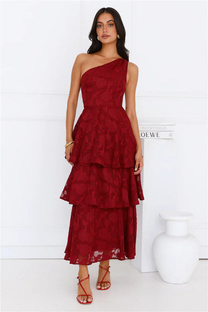 Pixie Petals One Shoulder Maxi Dress Burgundy