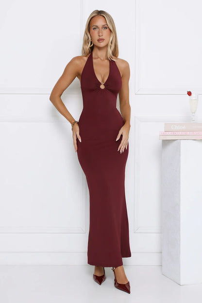 Hotter Now Halter Maxi Dress Wine