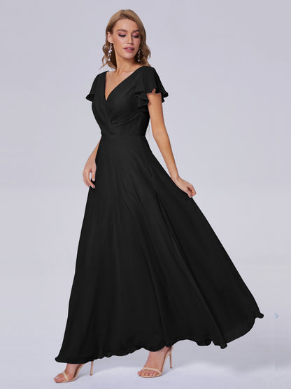 Genevieve V Neck Chiffon Long Bridesmaid Dresses with Sleeves