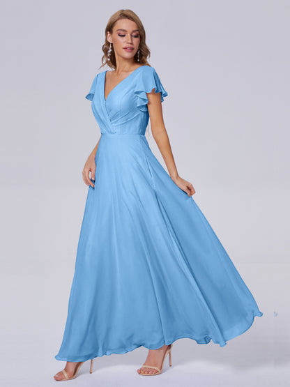 Genevieve V Neck Chiffon Long Bridesmaid Dresses with Sleeves