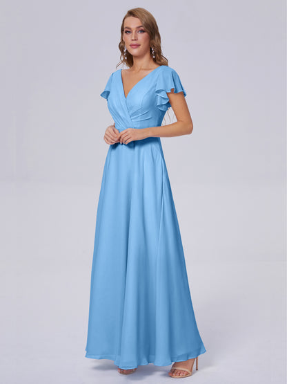 Genevieve V Neck Chiffon Long Bridesmaid Dresses with Sleeves