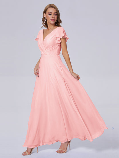 Genevieve V Neck Chiffon Long Bridesmaid Dresses with Sleeves