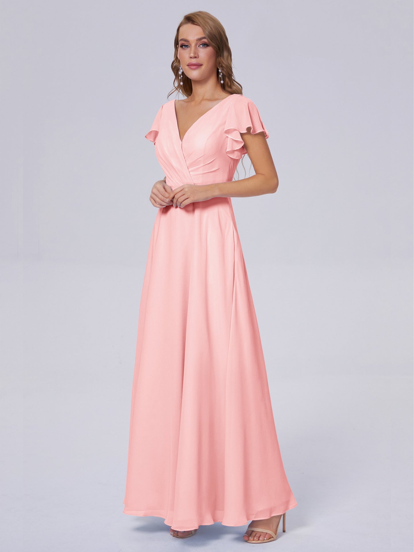 Genevieve V Neck Chiffon Long Bridesmaid Dresses with Sleeves