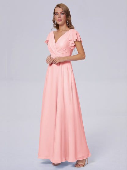 Genevieve V Neck Chiffon Long Bridesmaid Dresses with Sleeves