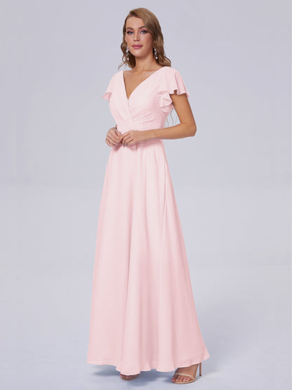 Genevieve V Neck Chiffon Long Bridesmaid Dresses with Sleeves