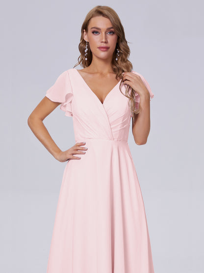 Genevieve V Neck Chiffon Long Bridesmaid Dresses with Sleeves