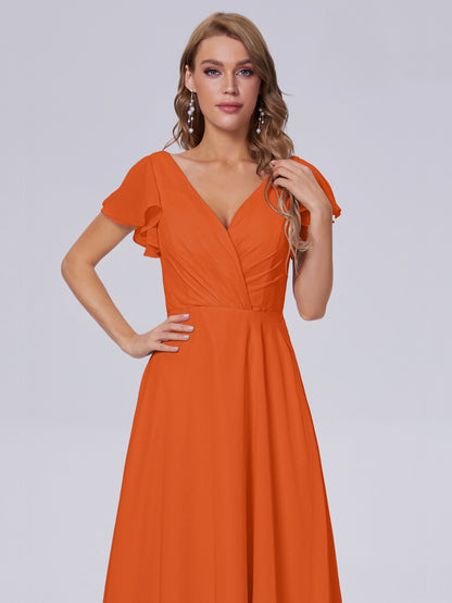 Genevieve V Neck Chiffon Long Bridesmaid Dresses with Sleeves