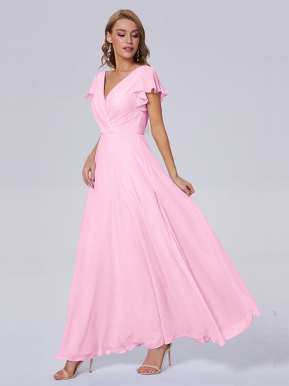 Genevieve V Neck Chiffon Long Bridesmaid Dresses with Sleeves