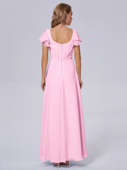 Genevieve V Neck Chiffon Long Bridesmaid Dresses with Sleeves