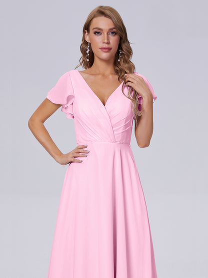 Genevieve V Neck Chiffon Long Bridesmaid Dresses with Sleeves