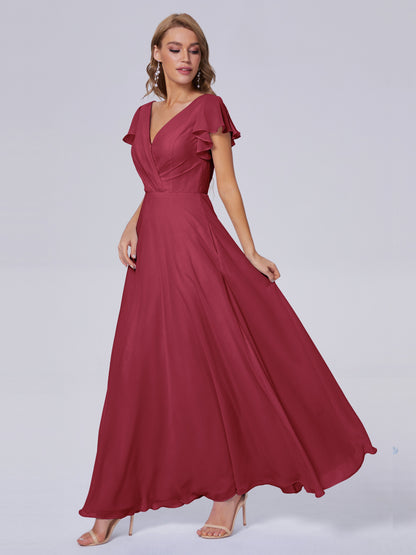 Genevieve V Neck Chiffon Long Bridesmaid Dresses with Sleeves