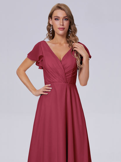 Genevieve V Neck Chiffon Long Bridesmaid Dresses with Sleeves