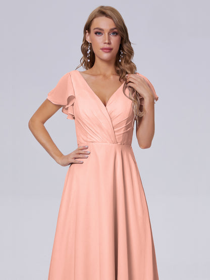 Genevieve V Neck Chiffon Long Bridesmaid Dresses with Sleeves