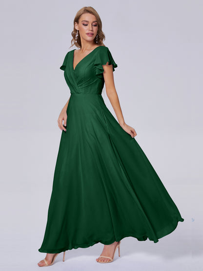 Genevieve V Neck Chiffon Long Bridesmaid Dresses with Sleeves
