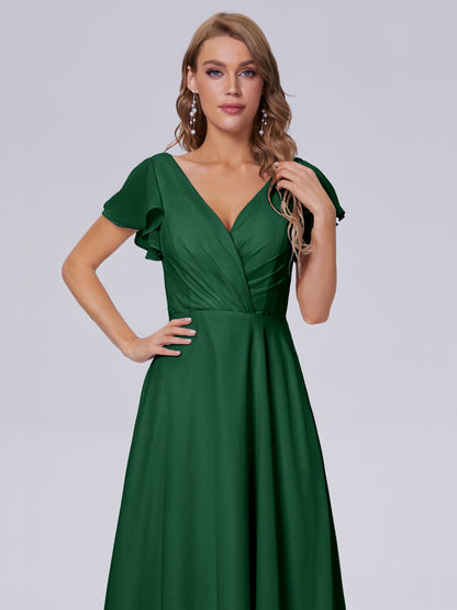 Genevieve V Neck Chiffon Long Bridesmaid Dresses with Sleeves