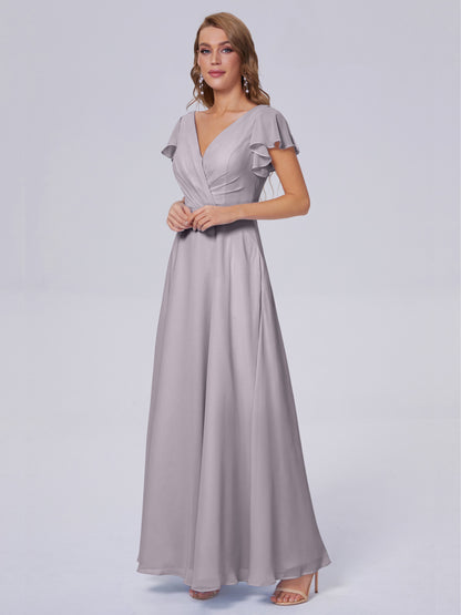 Genevieve V Neck Chiffon Long Bridesmaid Dresses with Sleeves