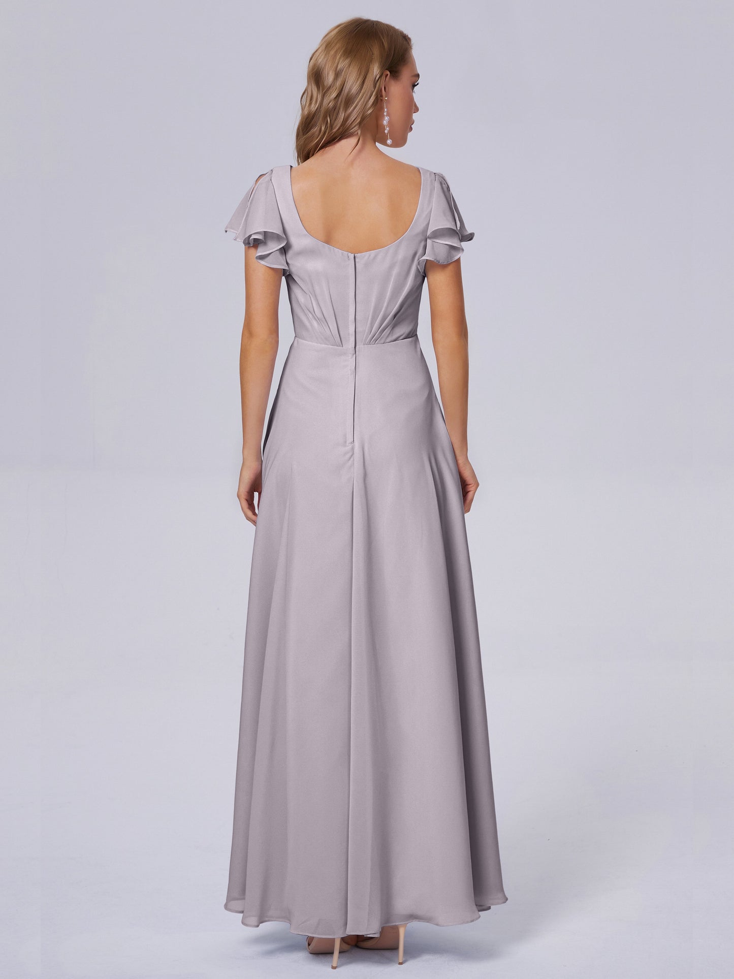 Genevieve V Neck Chiffon Long Bridesmaid Dresses with Sleeves