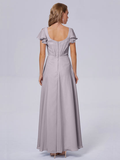 Genevieve V Neck Chiffon Long Bridesmaid Dresses with Sleeves