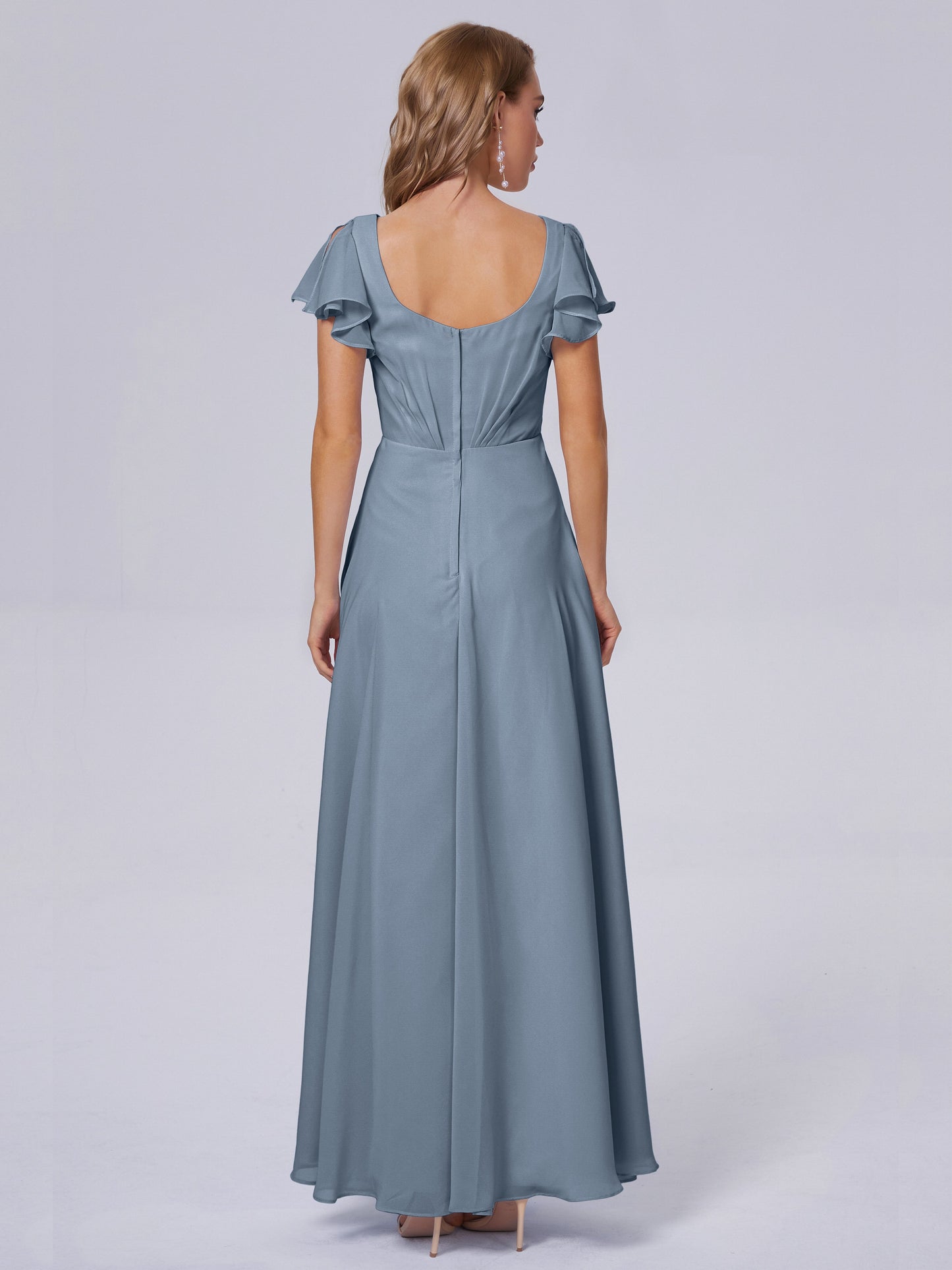 Genevieve V Neck Chiffon Long Bridesmaid Dresses with Sleeves