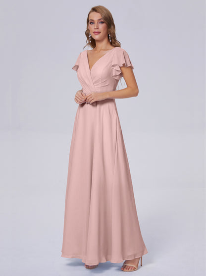 Genevieve V Neck Chiffon Long Bridesmaid Dresses with Sleeves