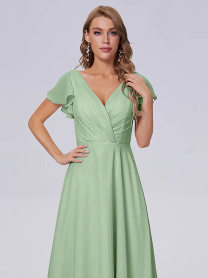 Genevieve V Neck Chiffon Long Bridesmaid Dresses with Sleeves