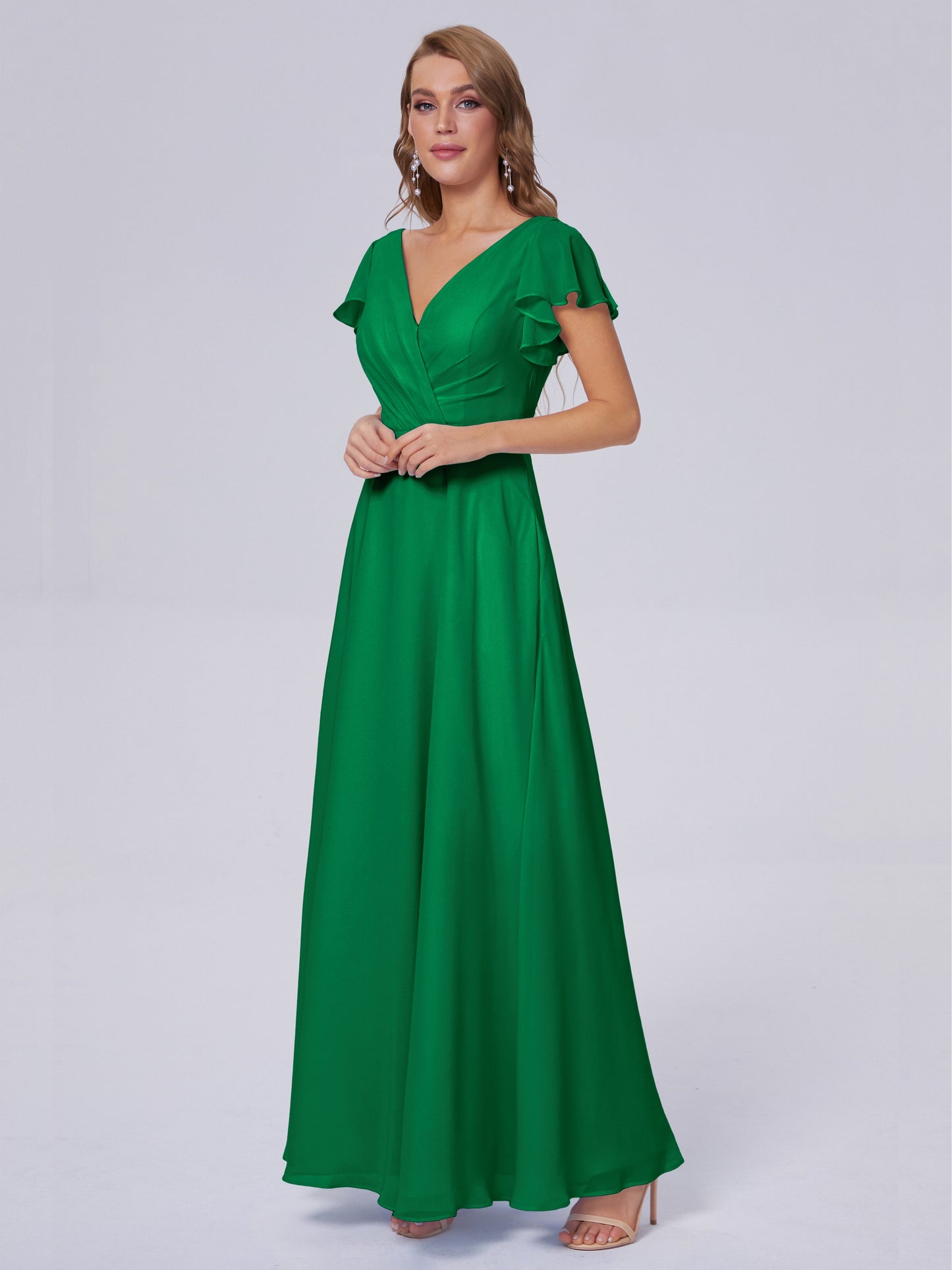 Genevieve V Neck Chiffon Long Bridesmaid Dresses with Sleeves