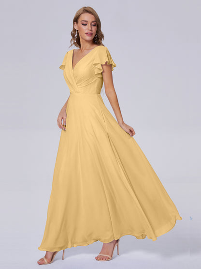 Genevieve V Neck Chiffon Long Bridesmaid Dresses with Sleeves