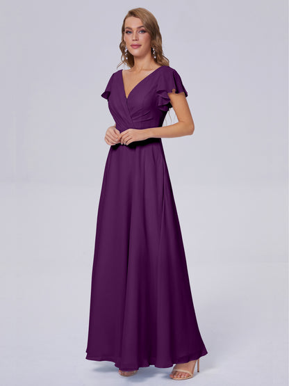 Genevieve V Neck Chiffon Long Bridesmaid Dresses with Sleeves