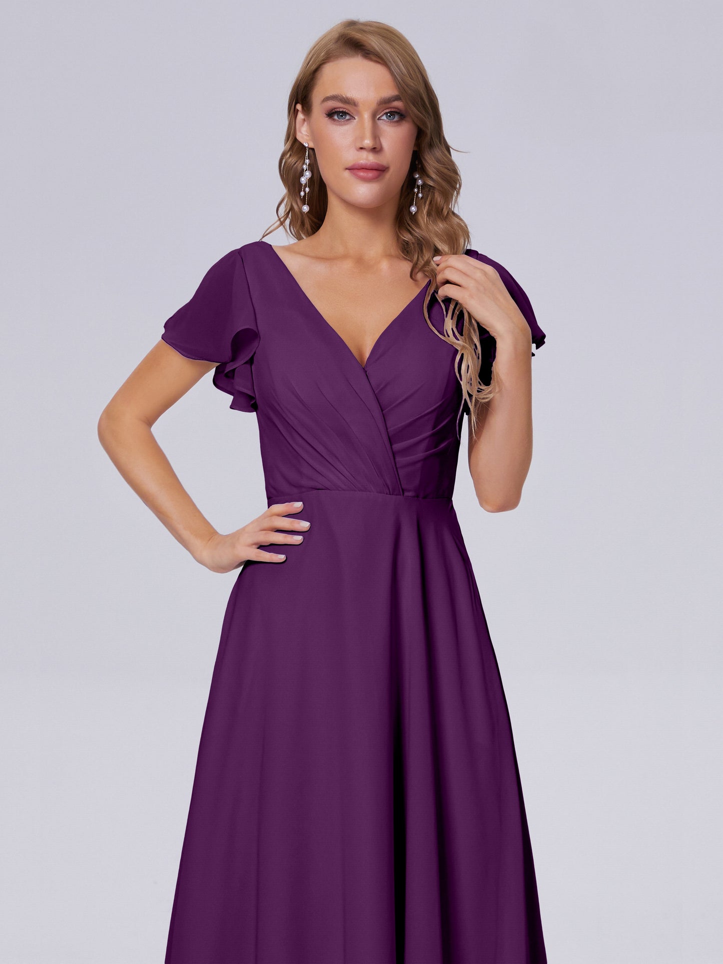 Genevieve V Neck Chiffon Long Bridesmaid Dresses with Sleeves