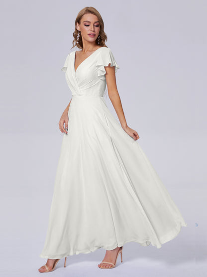 Genevieve V Neck Chiffon Long Bridesmaid Dresses with Sleeves