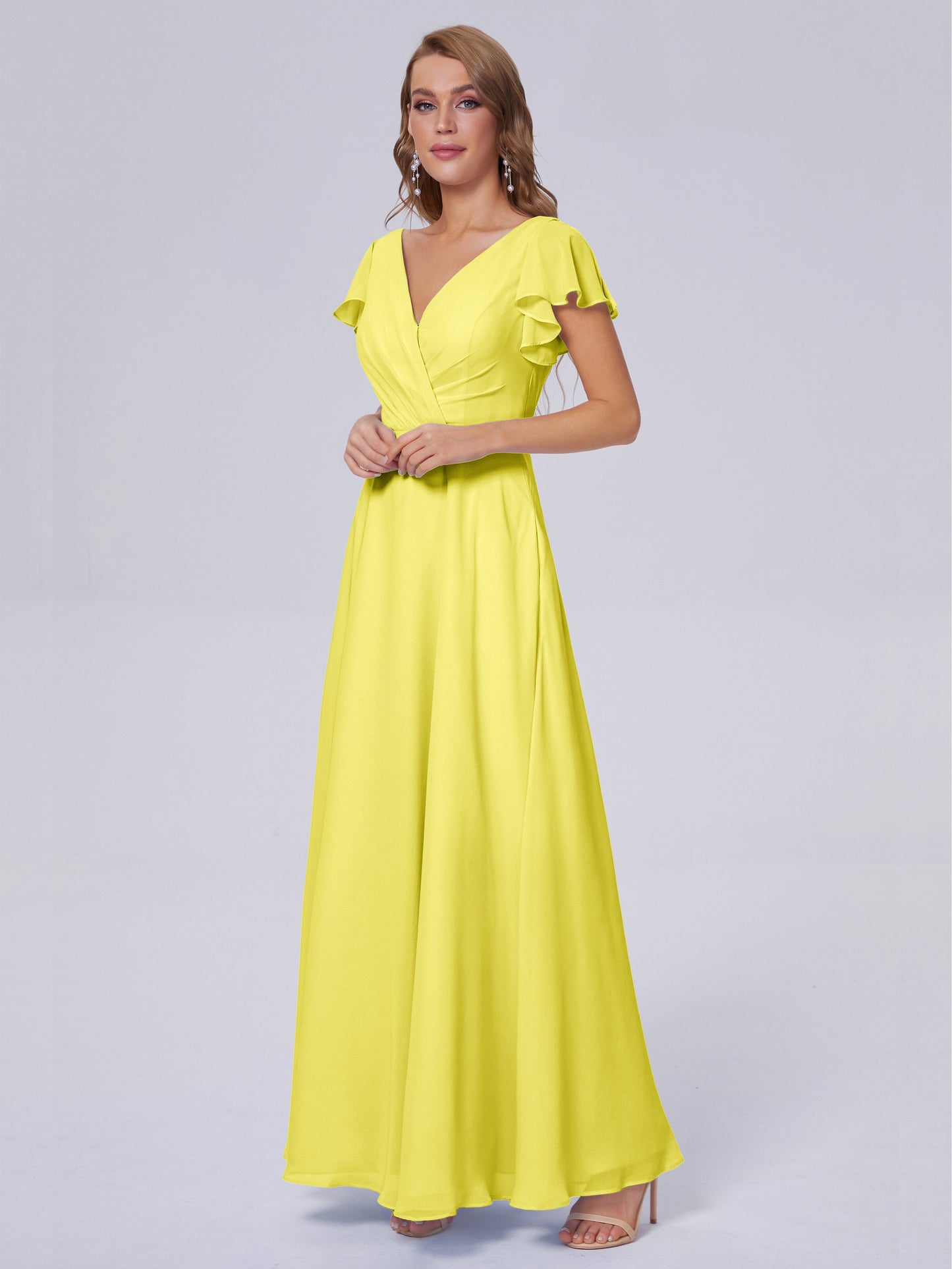 Genevieve V Neck Chiffon Long Bridesmaid Dresses with Sleeves