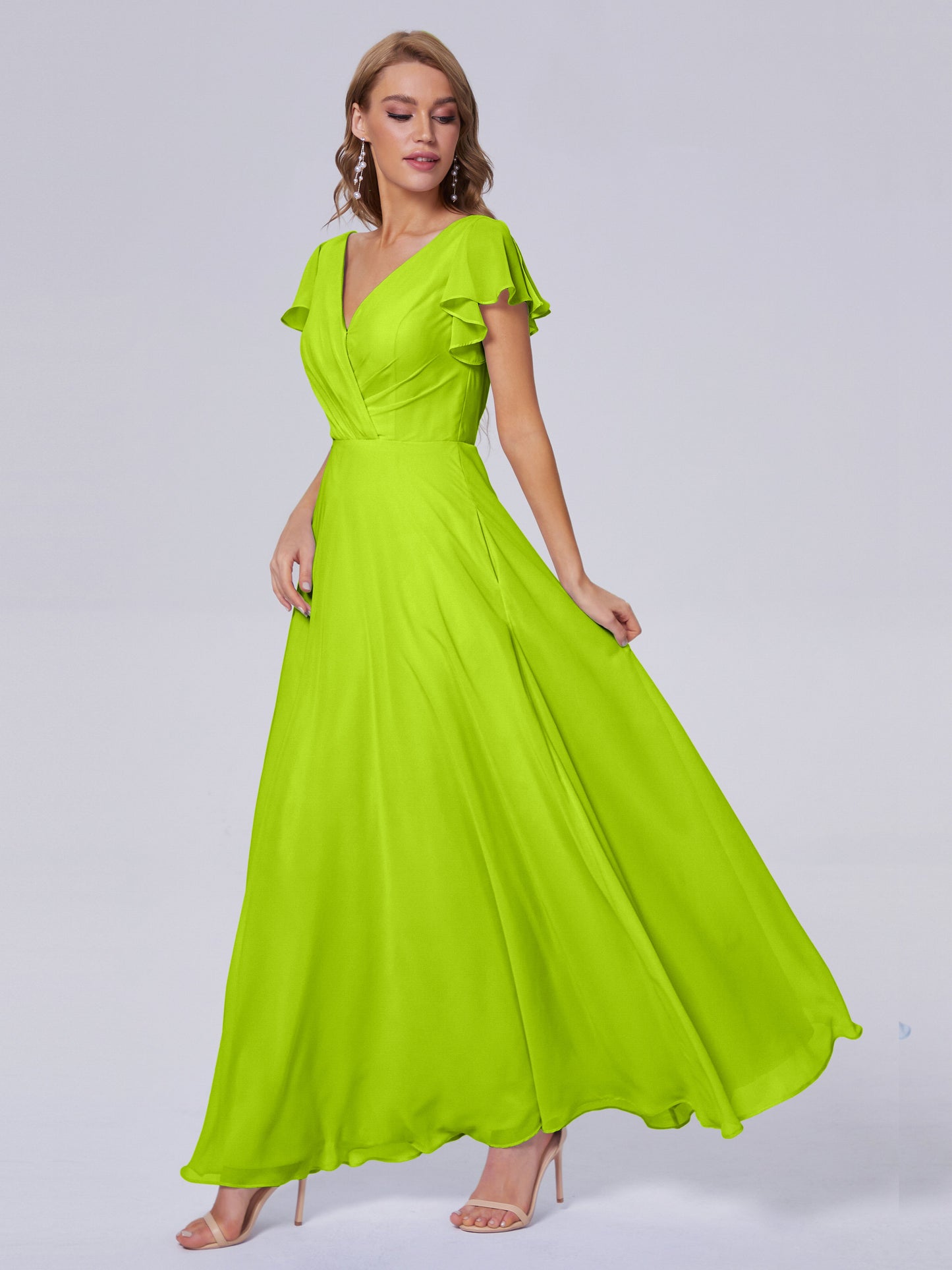 Genevieve V Neck Chiffon Long Bridesmaid Dresses with Sleeves