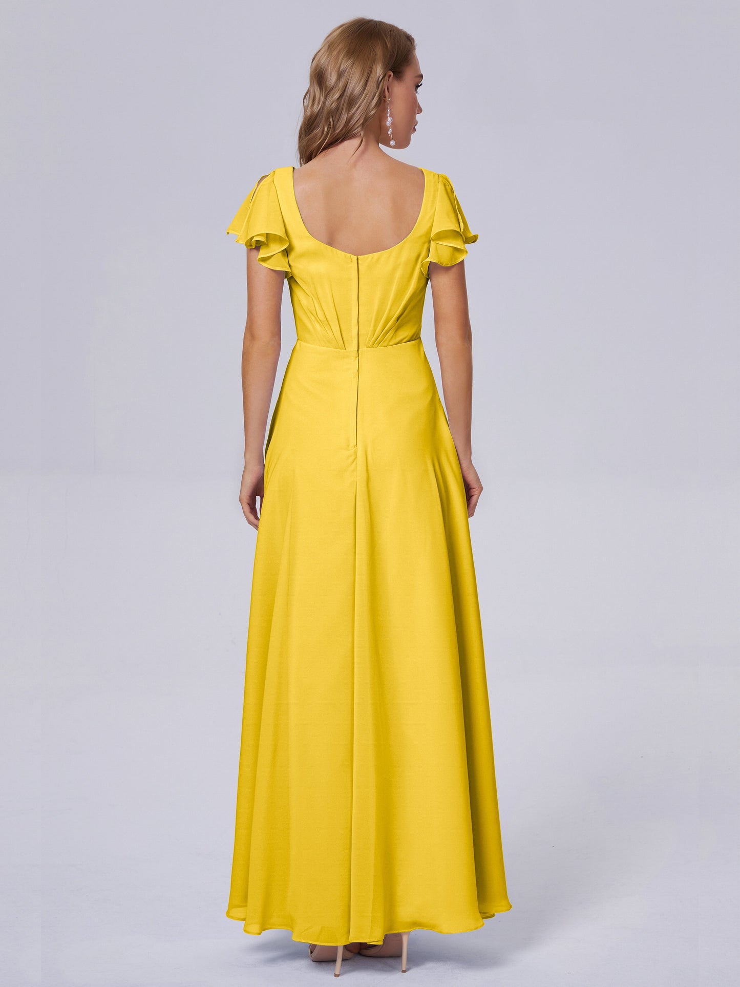 Genevieve V Neck Chiffon Long Bridesmaid Dresses with Sleeves