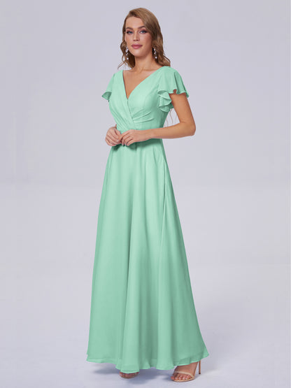 Genevieve V Neck Chiffon Long Bridesmaid Dresses with Sleeves