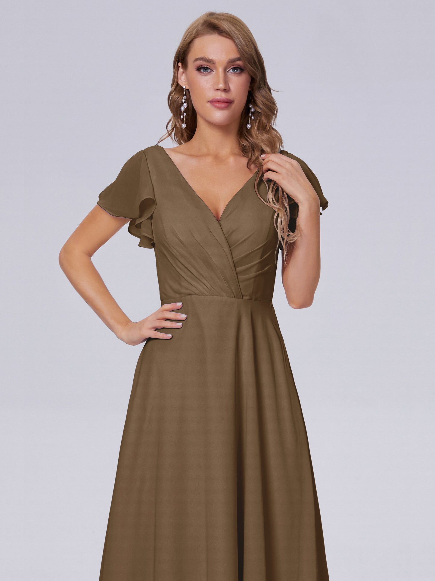 Genevieve V Neck Chiffon Long Bridesmaid Dresses with Sleeves