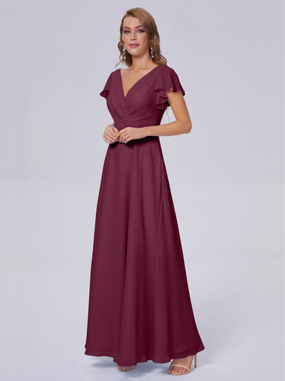 Genevieve V Neck Chiffon Long Bridesmaid Dresses with Sleeves