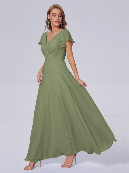 Genevieve V Neck Chiffon Long Bridesmaid Dresses with Sleeves