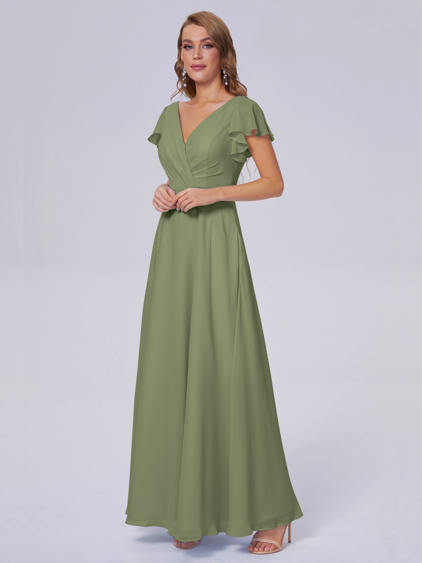 Genevieve V Neck Chiffon Long Bridesmaid Dresses with Sleeves
