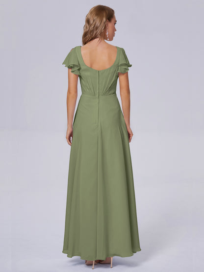 Genevieve V Neck Chiffon Long Bridesmaid Dresses with Sleeves