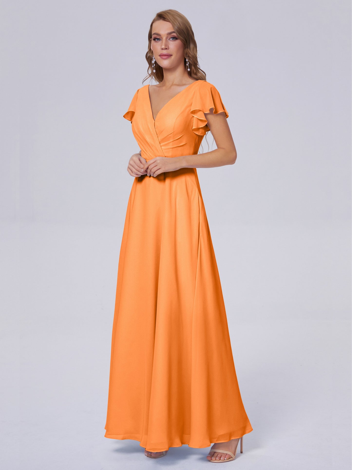 Genevieve V Neck Chiffon Long Bridesmaid Dresses with Sleeves