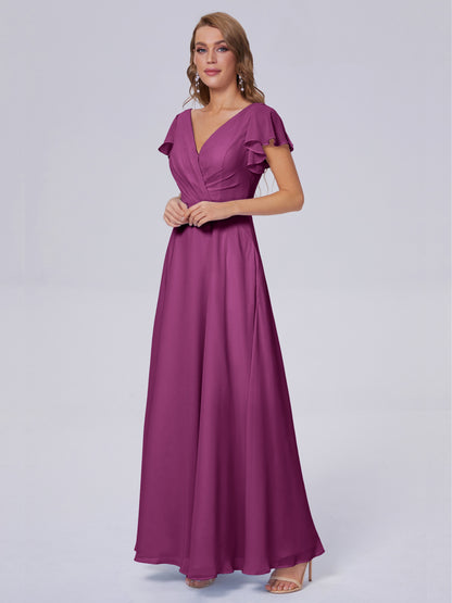 Genevieve V Neck Chiffon Long Bridesmaid Dresses with Sleeves
