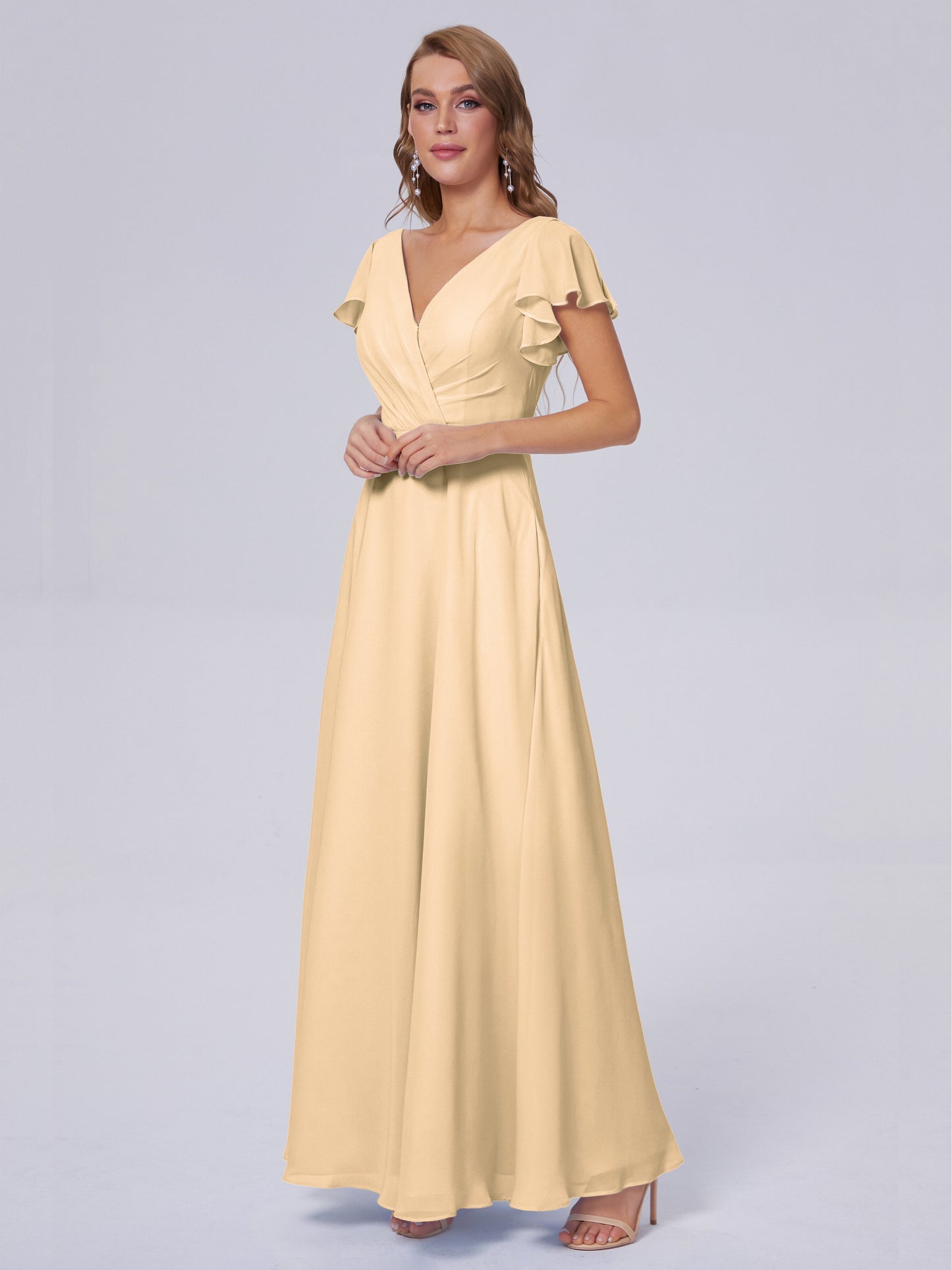 Genevieve V Neck Chiffon Long Bridesmaid Dresses with Sleeves