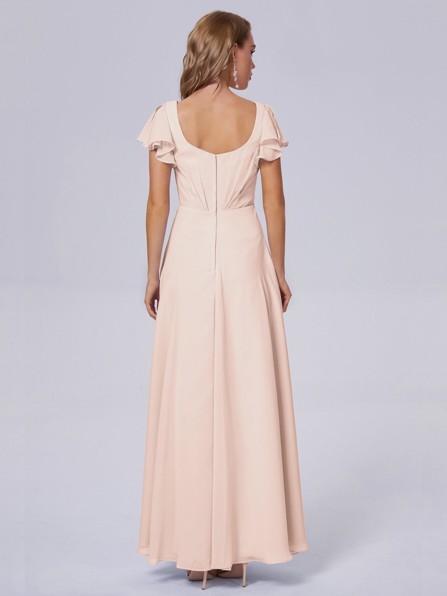 Genevieve V Neck Chiffon Long Bridesmaid Dresses with Sleeves
