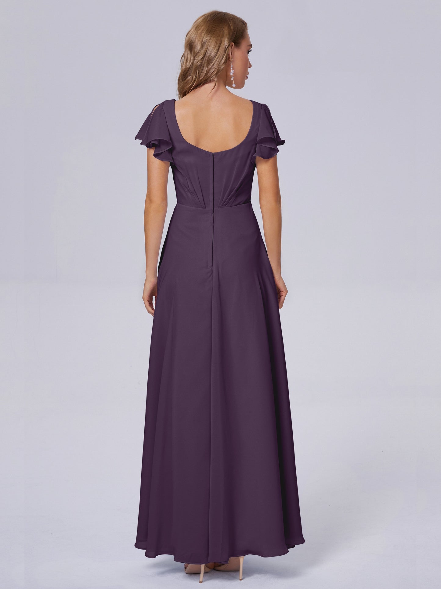 Genevieve V Neck Chiffon Long Bridesmaid Dresses with Sleeves