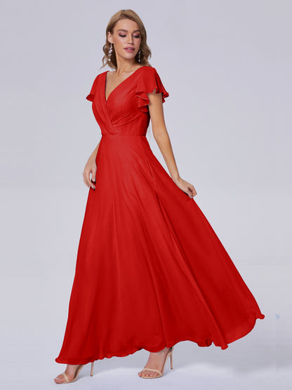 Genevieve V Neck Chiffon Long Bridesmaid Dresses with Sleeves